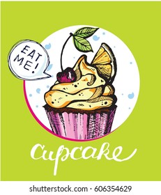 Hand drawn doodle cupcake. Eat me. Macaroon. Dessert vector illustration.