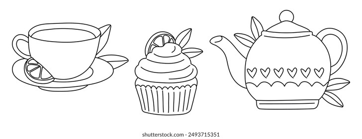 Cupcakes de garabato dibujado a mano, hervidor, juego de taza de té con rodaja de limón aislado sobre fondo blanco. Ilustración vectorial