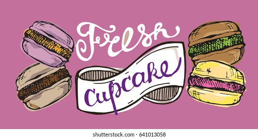 Hand drawn doodle cupcake. Macaroon. Dessert vector illustration.