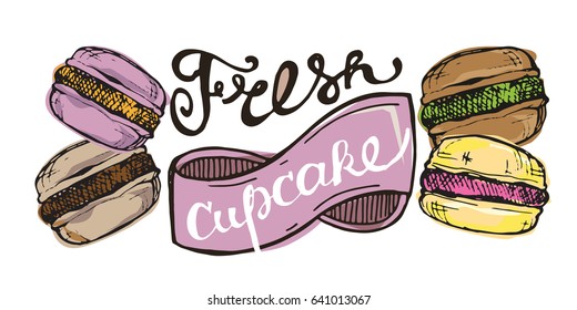 Hand drawn doodle cupcake. Macaroon. Dessert vector illustration.