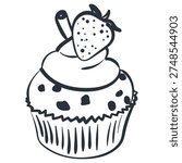 Hand drawn doodle cupcake with strawberry. Line illustration of muffin for cafe menu, packaging and food design.