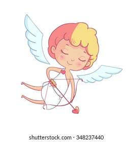 Hand drawn doodle cupid with bow and arrow. Cartoon illustration in vector.