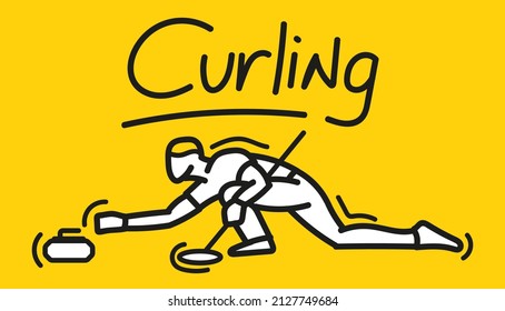 Hand drawn doodle curling player athlete design vector. Winter olympic sport banner poster template.