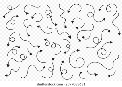Hand drawn Doodle curve Arrow. Illustration of a set of doodle arrows, the design elements. Set of arrows black icons. Variety Design.