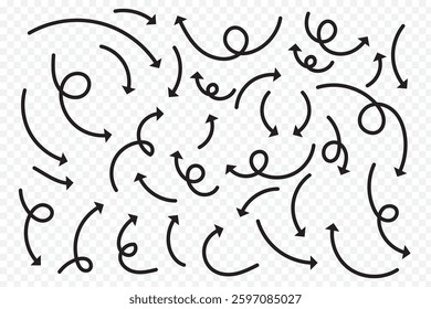 Hand drawn doodle curve arrow vector icons set. Sketch arrow design for business plan and education. Set of arrows black icons. Circle arrows, rotate arrow and variety design symbol.