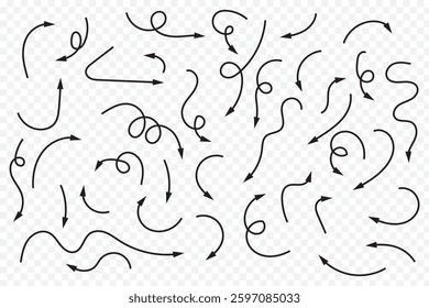 Hand drawn doodle curve arrow vector icons set. Sketch arrow design for business plan and education. Set of arrows black icons. Circle arrows, rotate arrow and variety design symbol.