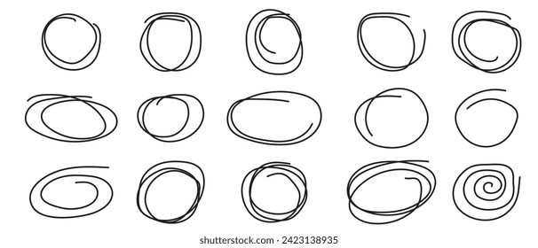 Líneas de curva de doodle dibujadas a mano, círculos y ovales. Dibujo de dibujos de dibujos de dibujos de dibujos de dibujos animados.  Colección del vector del doodle espiral.