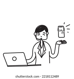 hand drawn doodle customer service agent with laptop and phone illustration