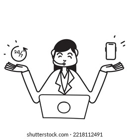 hand drawn doodle customer service agent with laptop and phone illustration