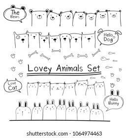 Hand Drawn Doodle Cute Animal Set. Include Bear, Cat, Bunny And Dogs. Vector Illustration.