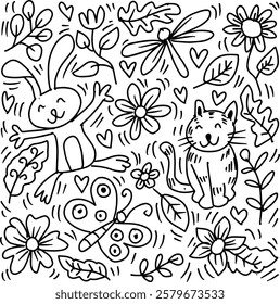 Hand drawn doodle of cute animals and flowers. Vector illustration. Black and white.