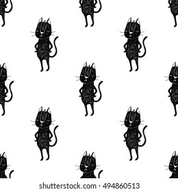 Hand drawn doodle cute black and white cat seamless pattern for wrapping and textile