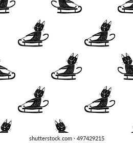 Hand drawn doodle cute black and white cat seamless pattern for wrapping and textile