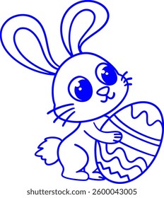 Hand drawn doodle cute bunny hugging an easter egg.