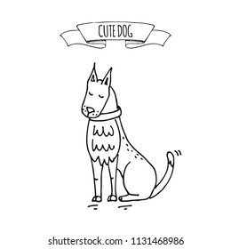 Hand drawn doodle cute calm sitting dog icon Vector illustration Cartoon normal everyday home pets activities symbol. Sketchy puppy ready to go walk with collar