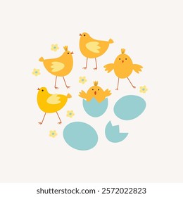 Hand drawn Doodle with cute Chickens and flowers for text. Festive background with farmer motive for Easter holiday, Birthday, baby shower, congratulation. Design for card, posters, flyer, card, paper