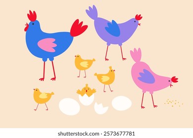 Hand drawn Doodle with cute Chickens, hens, rooster, eggs for text. Festive background with farmer motive for Easter holiday, Birthday, Baby Shower, congratulation. Design for card, posters, flyer