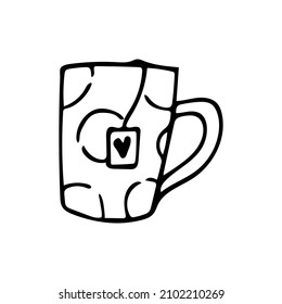 Doodle dibujado mano linda taza con bolso de té. Etiqueta del corazón. Clíparte de la taza vectorial. Esquema.