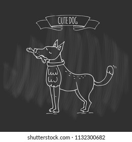 Hand drawn doodle cute dog icon Vector illustration Cartoon normal everyday home pets activities symbol. Sketchy puppy asking for food holding bone, healthy lifestyle for funny domestic animal