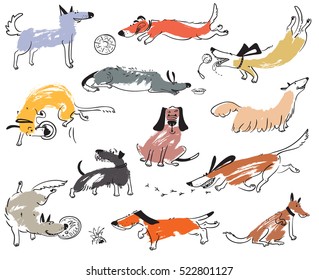 Hand drawn doodle cute dogs. Illustration set with playing pets with disk,  ball, sniffing, tracking. Artistic canine vector characters