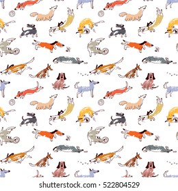 Hand drawn doodle cute dogs. Seamless pattern with playing pets with disk,  ball, sniffing, tracking. Artistic canine vector characters. Background with sketchy domestic animals