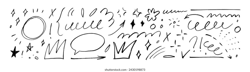 Hand drawn doodle cute emphasis elements. Doodle crown, arrows, stars, squiggles and sparkle decoration symbol set icon. Simple sketch line style emphasis, attention elements. Vector ink illustration.