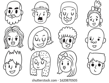 Hand Drawn Doodle cute Funny Avatars cartoon emoticon,set of cute vector faces, different emotions isolated on white background Vector illustration