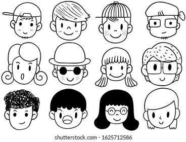 Hand Drawn Doodle cute Funny Avatars cartoon emoticon,set of cute vector faces, different emotions isolated on white background Vector illustration