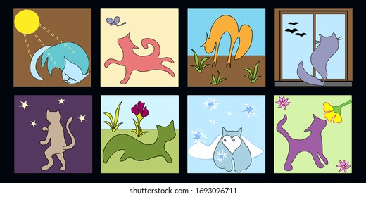 Hand drawn doodle cute funny cats in the plots. T shirt print, postcard, banner design element.