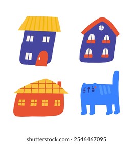 Dibujado a mano doodle lindas casas divertidas, casas, apartamentos, cabañas con gato, gatito, gatito.