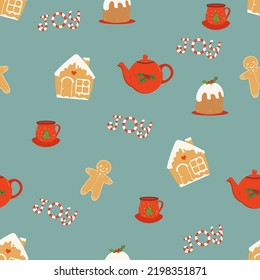 Hand drawn doodle cute gingerbread, teapots, cups, cookies, candy cane seamless pattern illustration on green background. Vector design for textile wrapping paper, fabric, christmas winter backgrounds