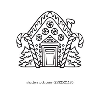 Hand drawn doodle cute gingerbread house. Christmas sweets and treats, gingerbread house shaped gingerbread cookies with decoration. Vector illustration