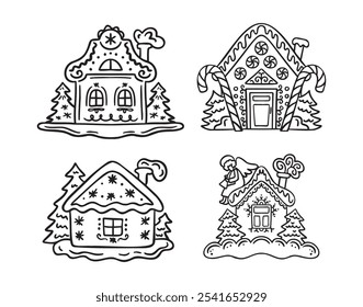 Hand drawn doodle cute gingerbread houses set. Christmas sweets and treats, gingerbread house shaped gingerbread cookies with decoration. Vector illustration