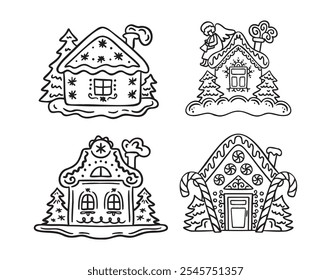 Hand drawn doodle cute gingerbread houses set. Christmas sweets and treats, gingerbread house shaped gingerbread cookies with decoration. Vector illustration