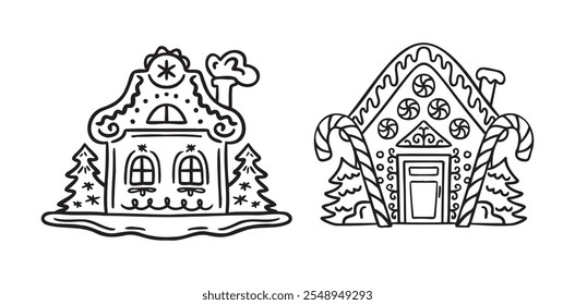 Hand drawn doodle cute gingerbread houses set. Christmas sweets and treats, gingerbread house shaped gingerbread cookies with decoration. Vector illustration