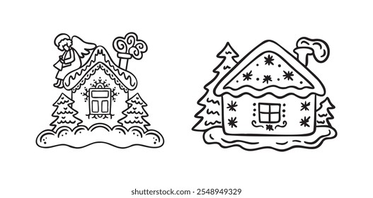 Hand drawn doodle cute gingerbread houses set. Christmas sweets and treats, gingerbread house shaped gingerbread cookies with decoration. Vector illustration