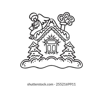 Hand drawn doodle cute gingerbread house. Christmas sweets and treats, gingerbread house shaped gingerbread cookies with decoration. Vector illustration