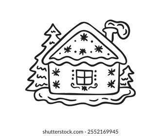 Hand drawn doodle cute gingerbread house. Christmas sweets and treats, gingerbread house shaped gingerbread cookies with decoration. Vector illustration