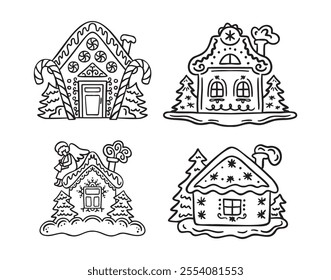 Hand drawn doodle cute gingerbread houses set. Christmas sweets and treats, gingerbread house shaped gingerbread cookies with decoration. Vector illustration