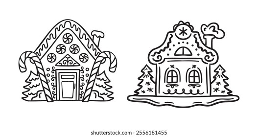 Hand drawn doodle cute gingerbread houses set. Christmas sweets and treats, gingerbread house shaped gingerbread cookies with decoration. Vector illustration