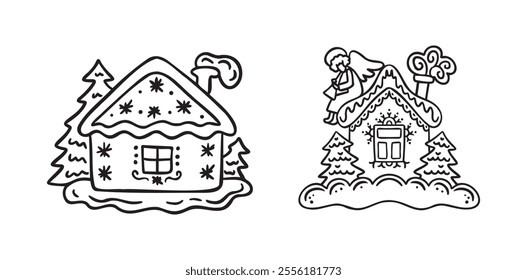 Hand drawn doodle cute gingerbread houses set. Christmas sweets and treats, gingerbread house shaped gingerbread cookies with decoration. Vector illustration