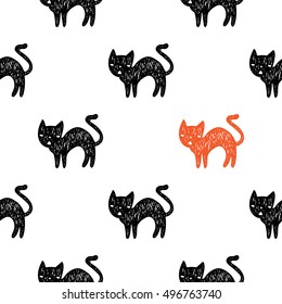 Hand drawn doodle cute halloween cat vector seamless pattern for cards, wrapping, decoration and textile