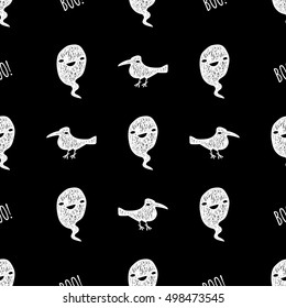 Hand drawn doodle cute halloween ghost and raven vector seamless pattern for cards, wrapping, decoration and textile