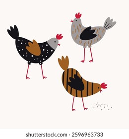 Hand drawn Doodle with cute hens. Festive background with chickens, farmer motive in flat style for Easter holiday, Birthday, Baby Shower, congratulation. Design for card, posters, flyer, paper