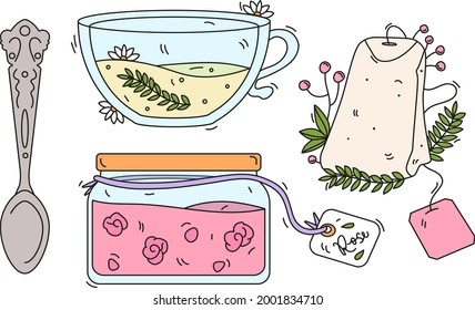 Hand drawn doodle cute icon tea set. Teabags with leaves and berries, glass cup of herbal chamomile tea, vintage teaspoon and jar of rose jam. Isolated vector illustration on white background