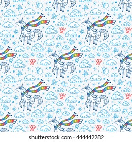 Hand Drawn Doodle Cute Magic Unicorn and Clouds  Vector Seamless pattern for Kids