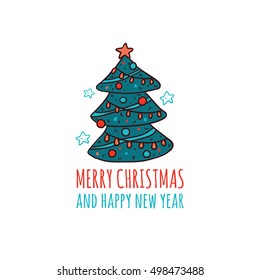 Hand drawn doodle cute Merry Christmas tree vector card