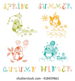 Hand drawn doodle Cute penguins. Birds set. Seasons set. Four seasons icons. Times of year. Weather. Cartoon Funny penguins at different times of year - vector illustration