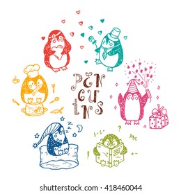Hand drawn doodle Cute penguins vector set