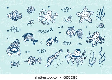 Hand Drawn Doodle Cute Sea Animals Set. Various Fish, Octopus, Crab, Starfish -  Vector illustration